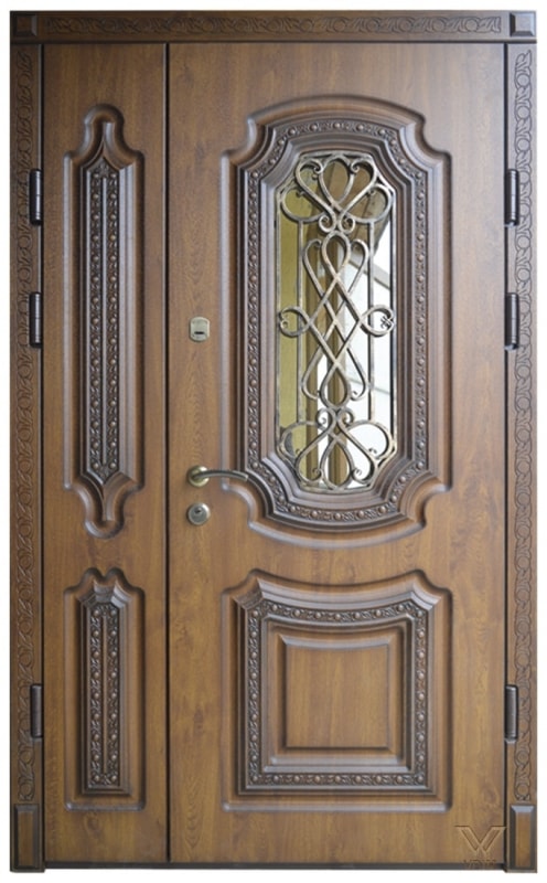 Двері вхідні двополі, з ковкою та склопакетом