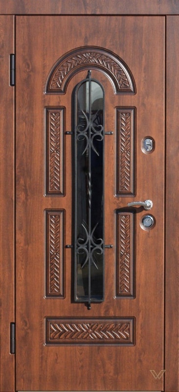 Двери входные однополые, с ковкой и стеклопакетом