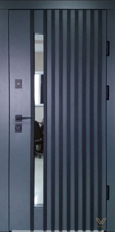 Мілано зі склопакетом,  рама 2 кольори, Композит покритий плівкою антрацит + рейки /біле дерево, 860x2050